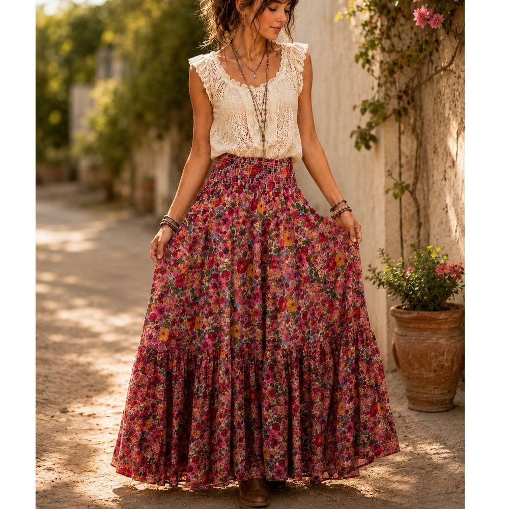 Natural Life Medium Flora Convertible Maxi Skirt Floral Smocked Tiered Boho